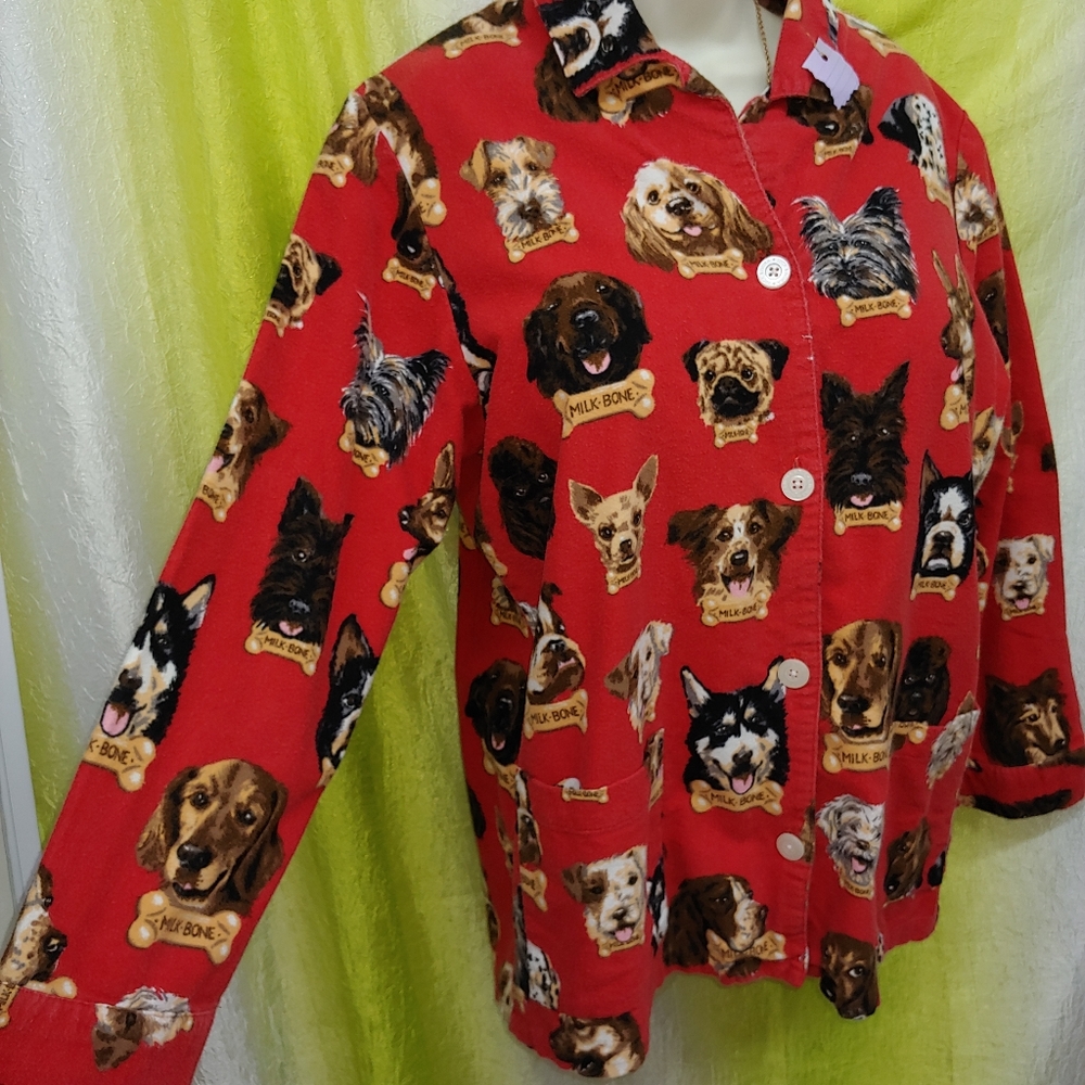 Nick & Nora • Dog Print Doggie Milkbone Cotton Flannel Pajama Shirt Top Medium